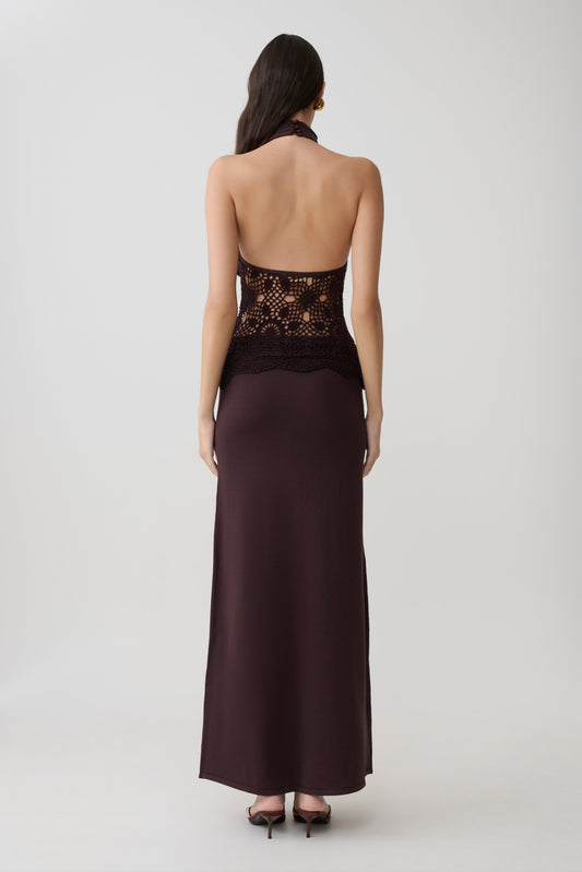 Vestido Maxi de Punto y Crochet Tessie - Chocolate Oscuro