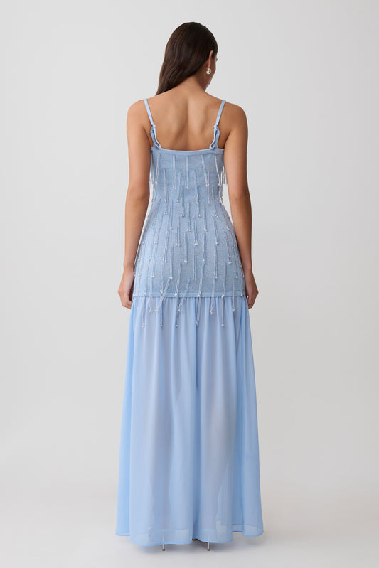 Vestido Maxi de Punto con Cuentas y Gasa Belinda - Azul Claro