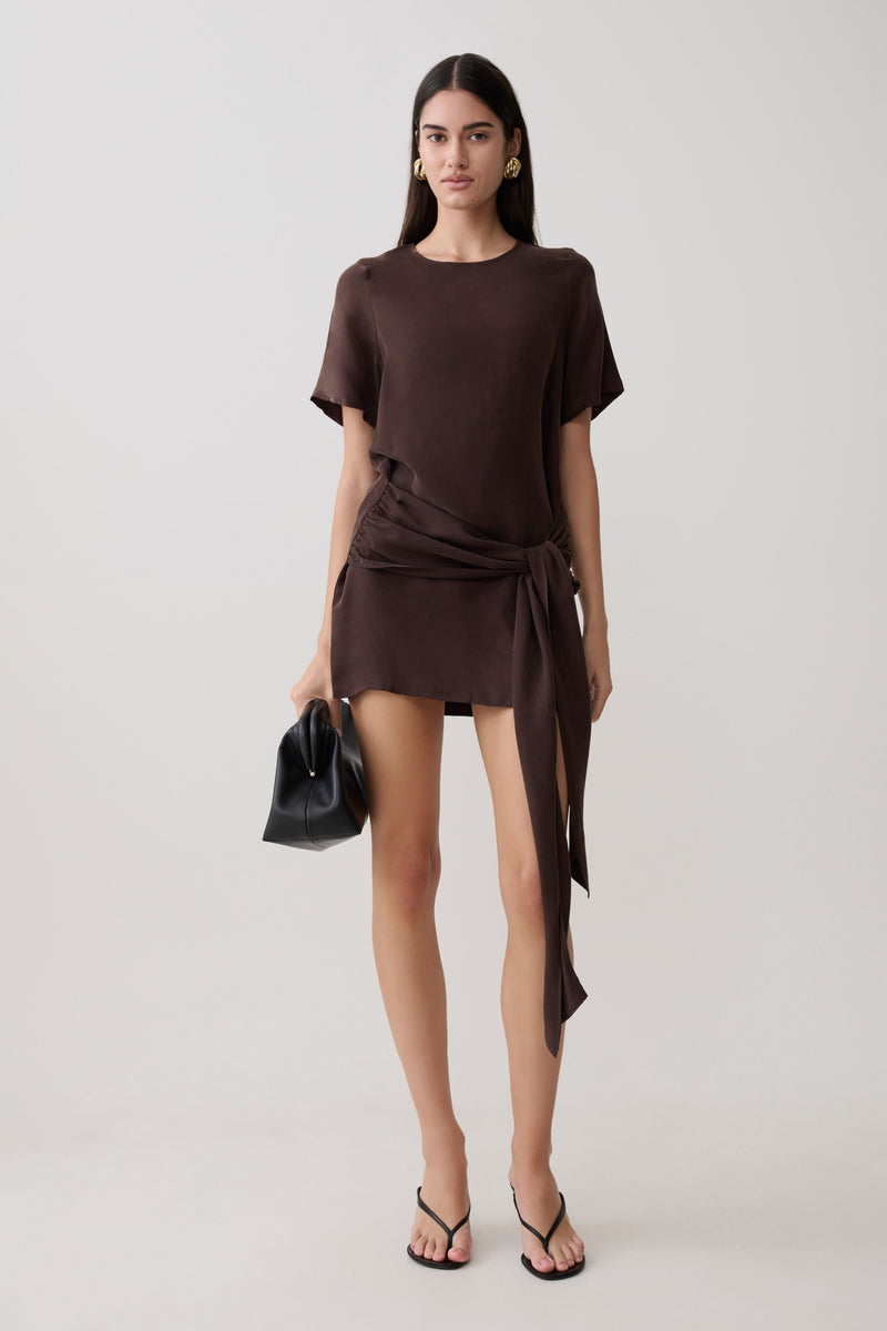 Vestido de Manga Corta con Lazo en la Cintura Felicity - Chocolate Oscuro