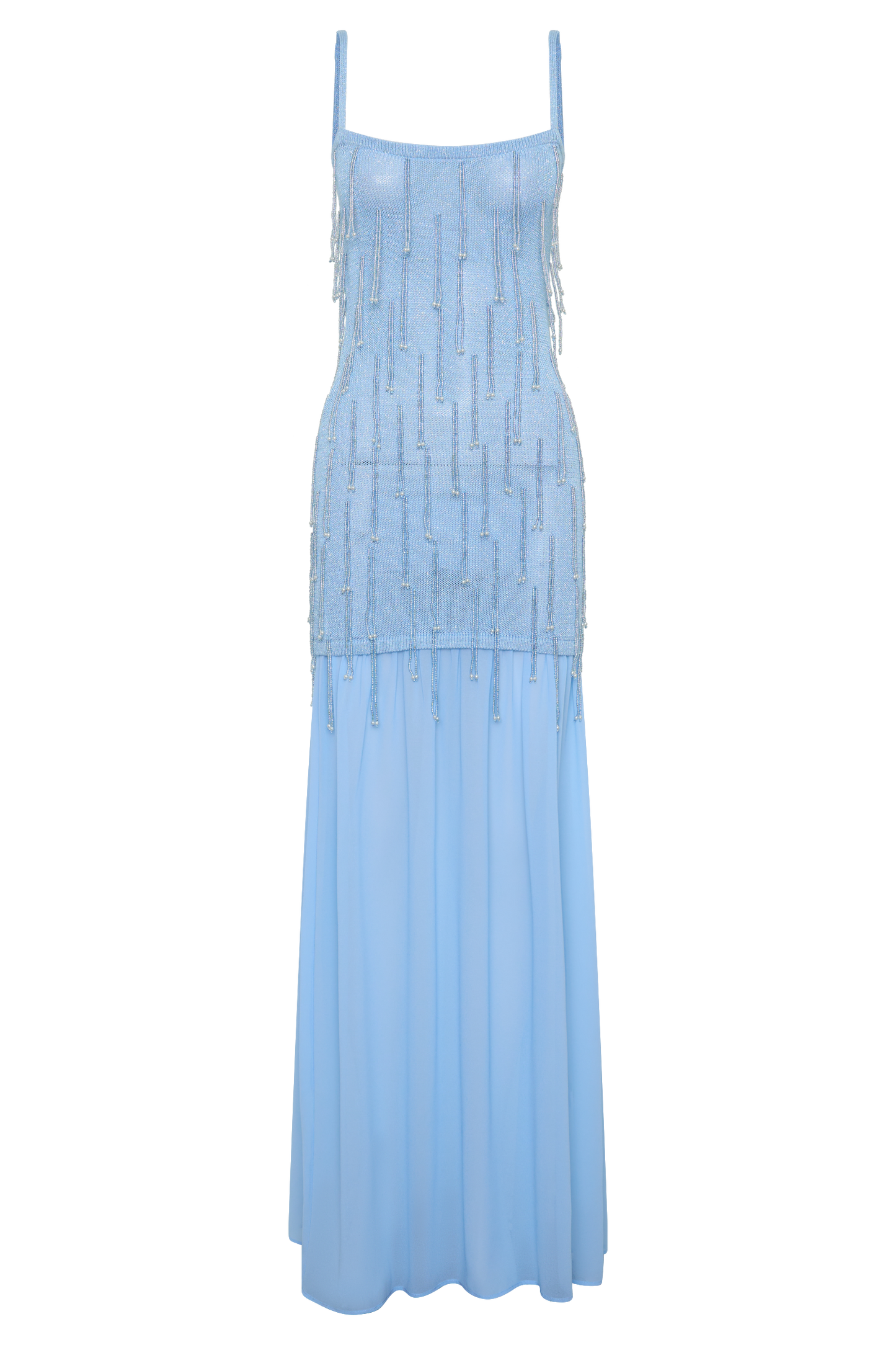 Vestido Maxi de Punto con Cuentas y Gasa Belinda - Azul Claro