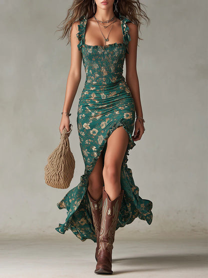 ZARA | Vestido largo estampado en verde bohemio con mangas con volantes