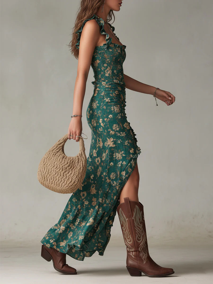 ZARA | Vestido largo estampado en verde bohemio con mangas con volantes