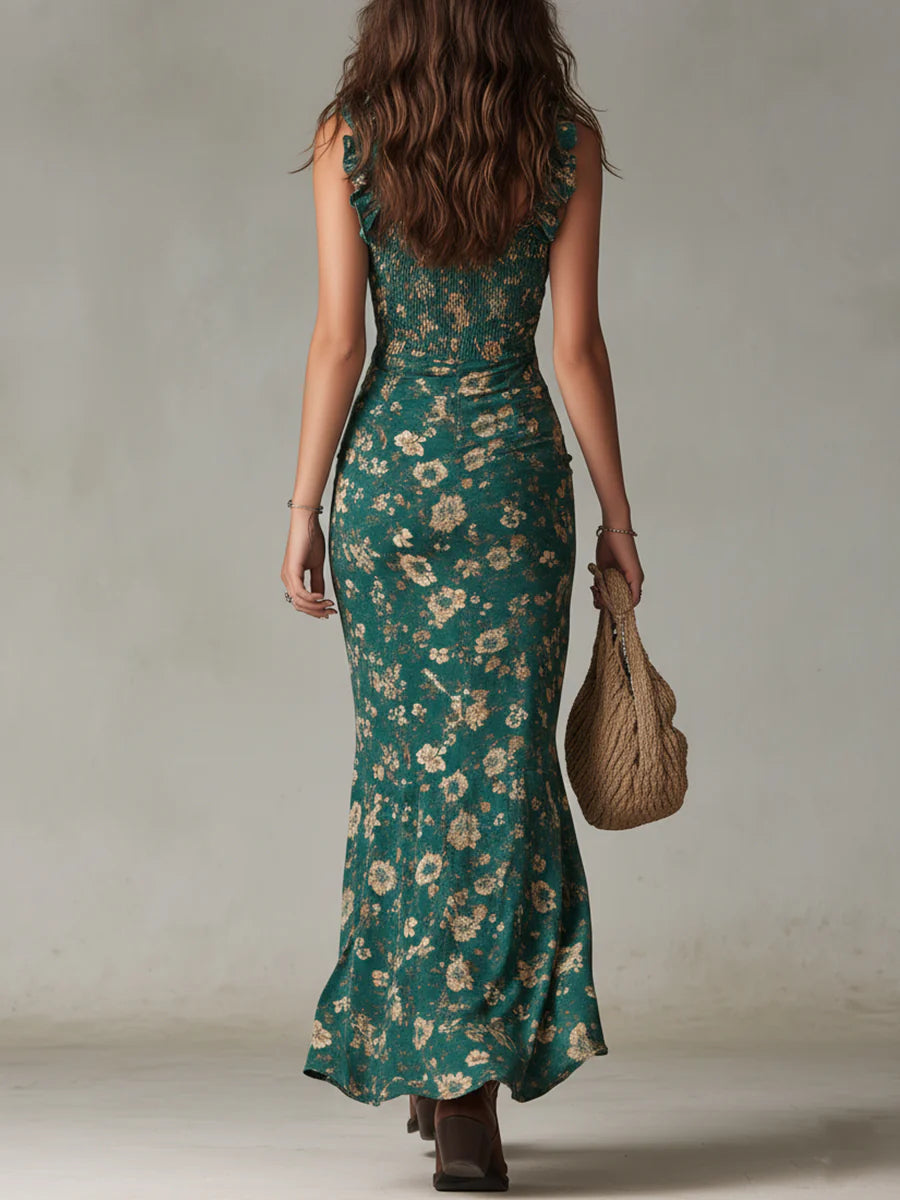ZARA | Vestido largo estampado en verde bohemio con mangas con volantes