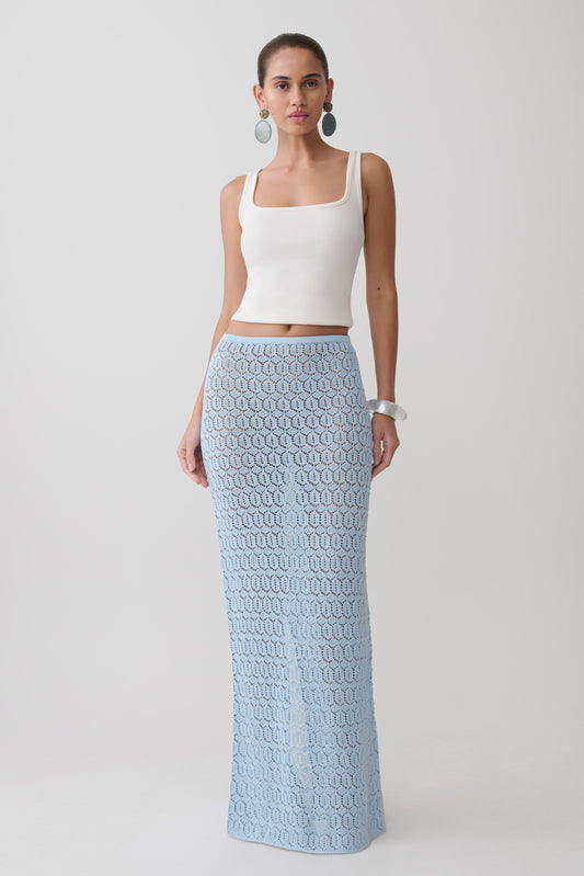 Falda Maxi de Crochet Tejida Courtney - Azul Pálido
