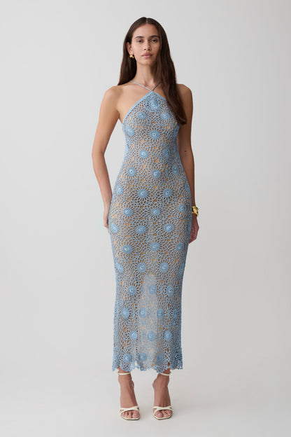 Vestido Maxi Halter de Crochet a Mano Sam - Azul Pervinca