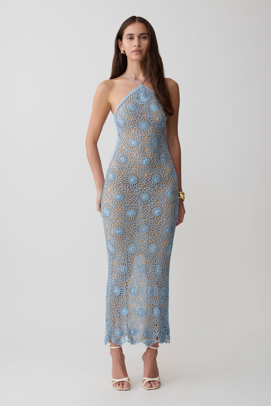 Vestido Maxi Halter de Crochet a Mano Sam - Azul Pervinca