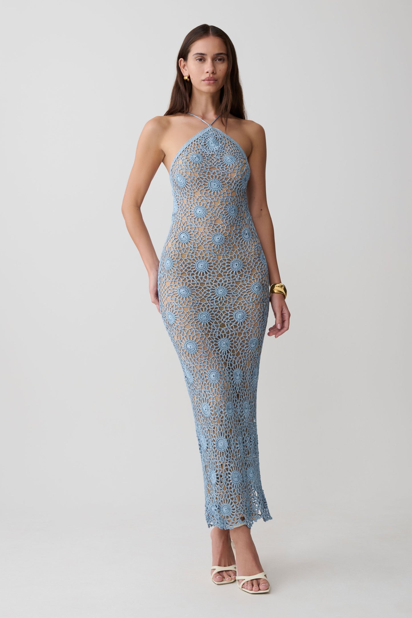 Vestido Maxi Halter de Crochet a Mano Sam - Azul Pervinca