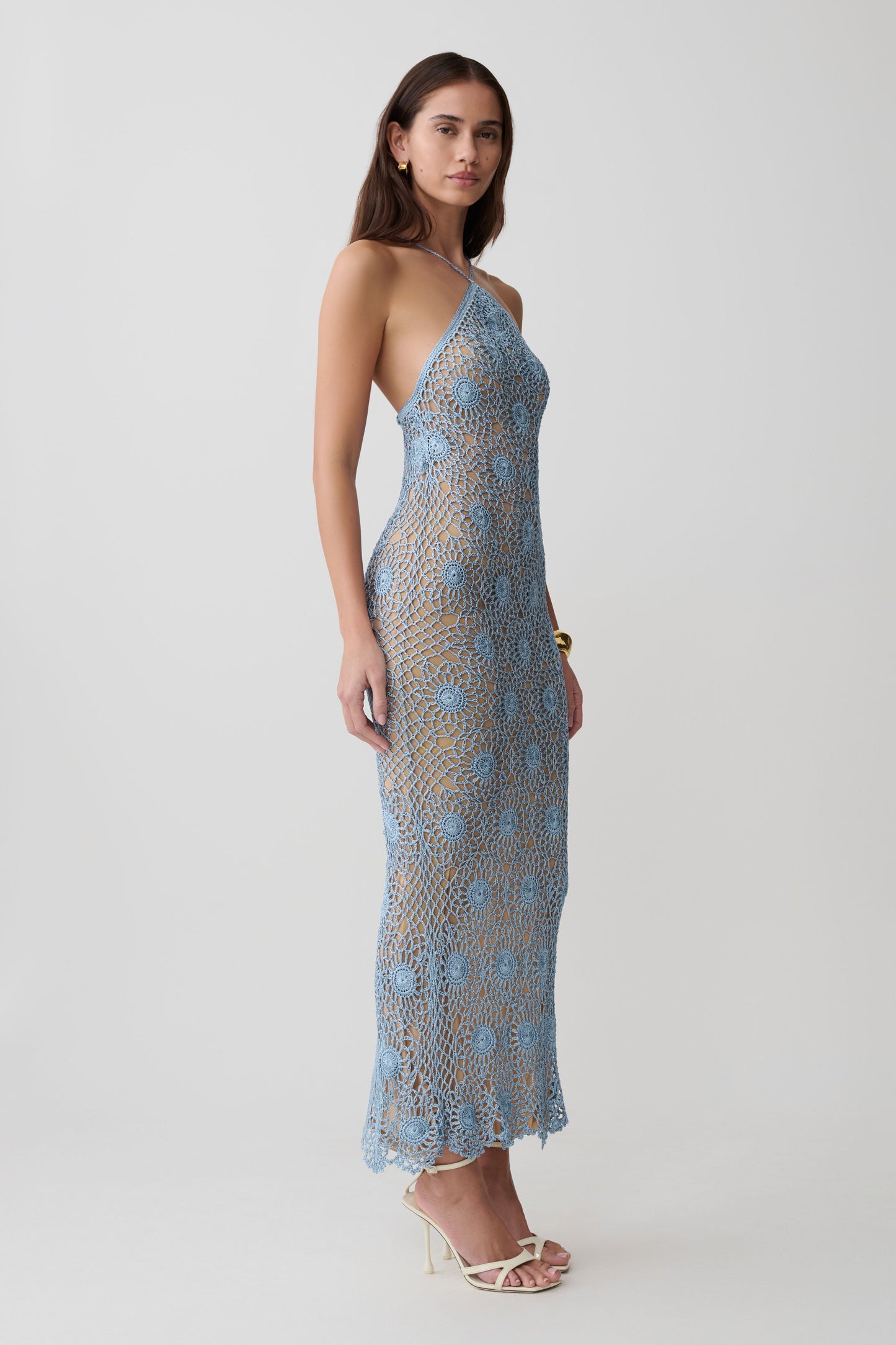 Vestido Maxi Halter de Crochet a Mano Sam - Azul Pervinca
