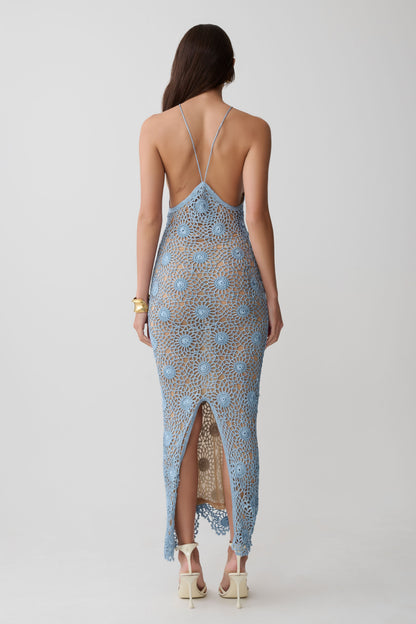 Vestido Maxi Halter de Crochet a Mano Sam - Azul Pervinca