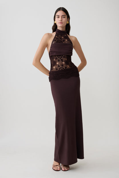 Vestido Maxi de Punto y Crochet Tessie - Chocolate Oscuro