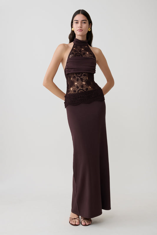 Vestido Maxi de Punto y Crochet Tessie - Chocolate Oscuro