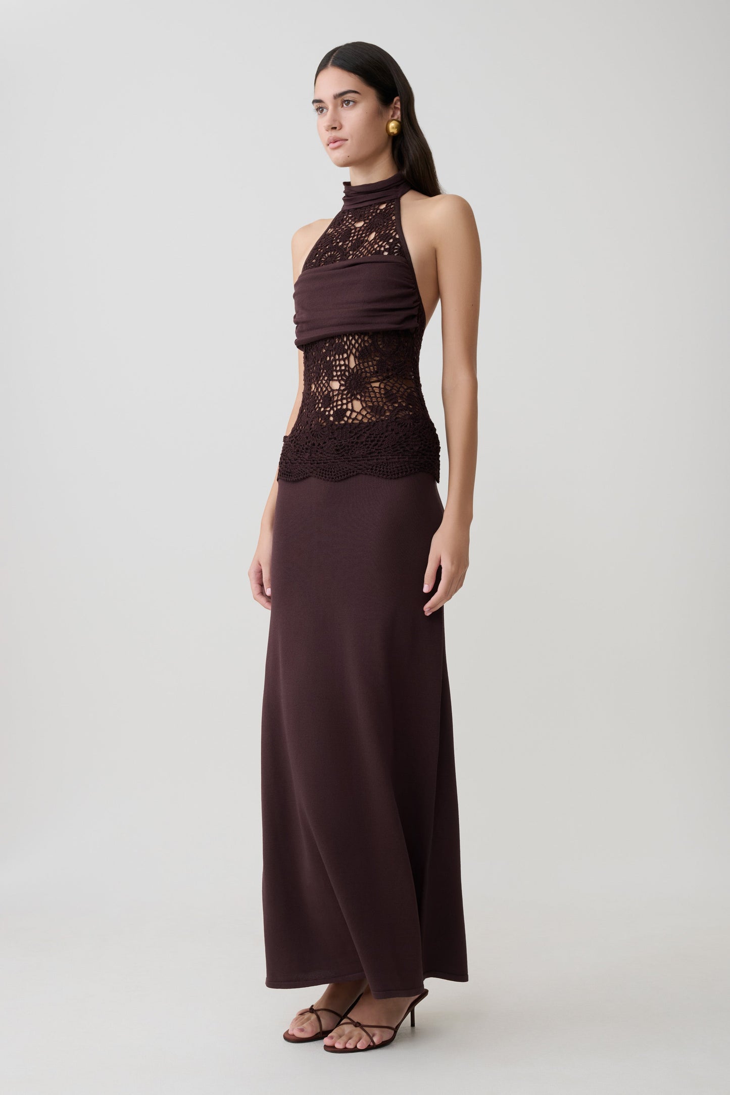Vestido Maxi de Punto y Crochet Tessie - Chocolate Oscuro