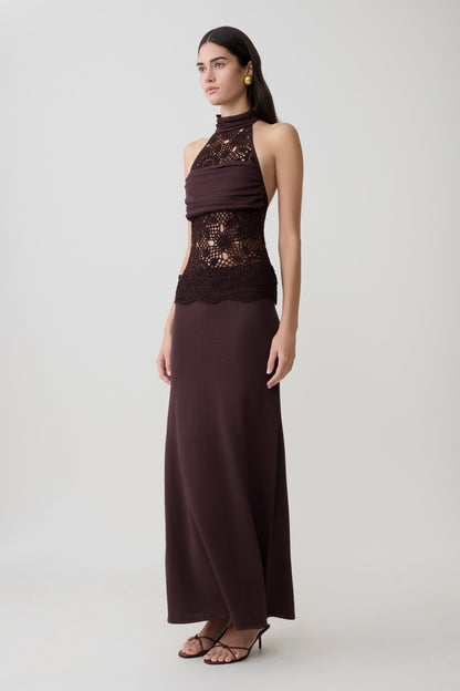 Vestido Maxi de Punto y Crochet Tessie - Chocolate Oscuro
