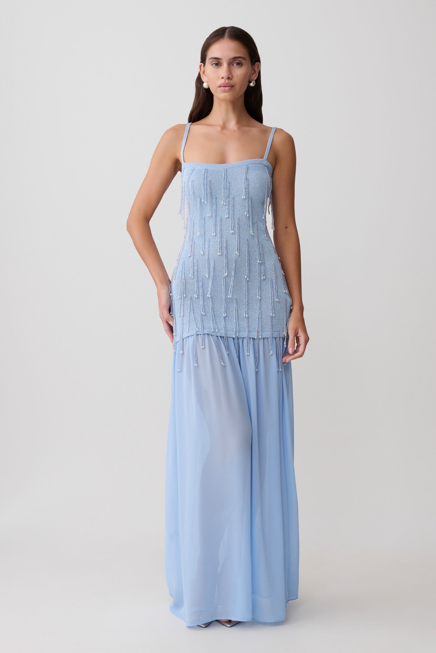 Vestido Maxi de Punto con Cuentas y Gasa Belinda - Azul Claro