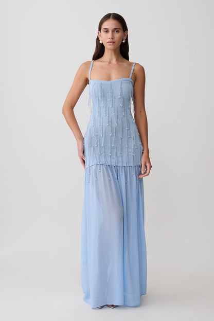 Vestido Maxi de Punto con Cuentas y Gasa Belinda - Azul Claro