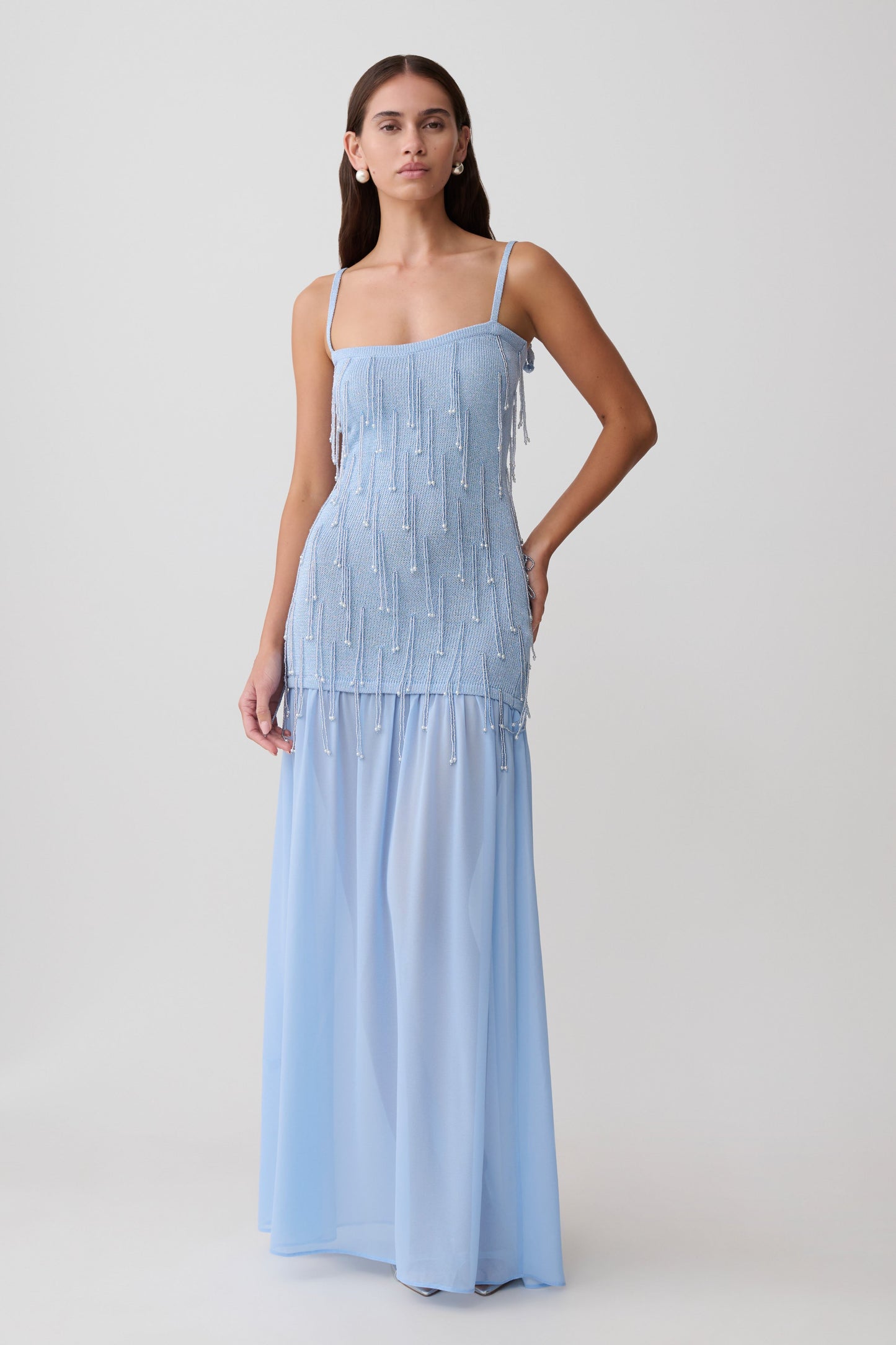 Vestido Maxi de Punto con Cuentas y Gasa Belinda - Azul Claro