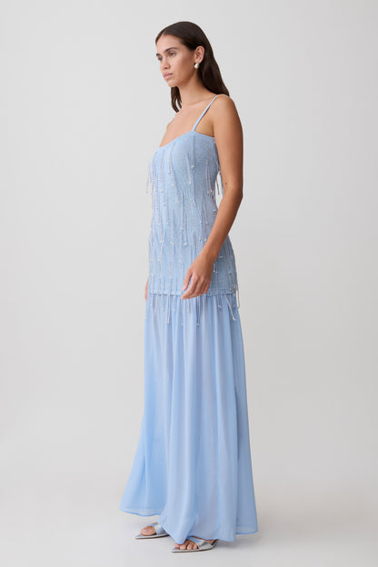 Vestido Maxi de Punto con Cuentas y Gasa Belinda - Azul Claro