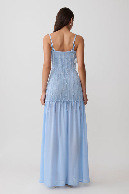 Vestido Maxi de Punto con Cuentas y Gasa Belinda - Azul Claro