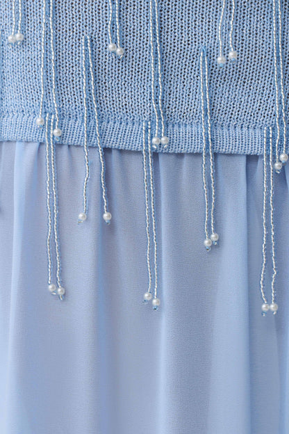 Vestido Maxi de Punto con Cuentas y Gasa Belinda - Azul Claro