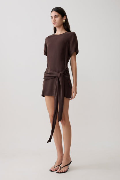 Vestido de Manga Corta con Lazo en la Cintura Felicity - Chocolate Oscuro