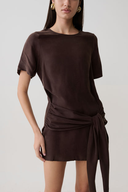 Vestido de Manga Corta con Lazo en la Cintura Felicity - Chocolate Oscuro