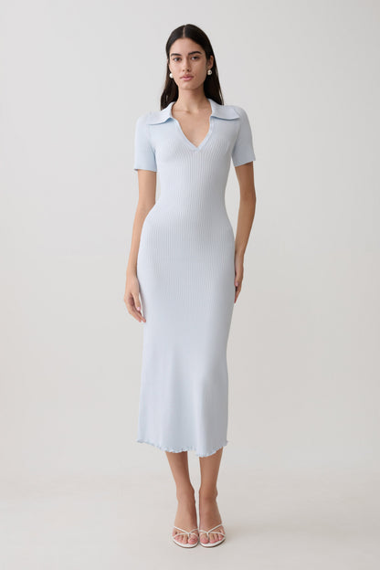 Vestido Midi de Punto Cuello y Manga Corta Nichelle - Azul Claro