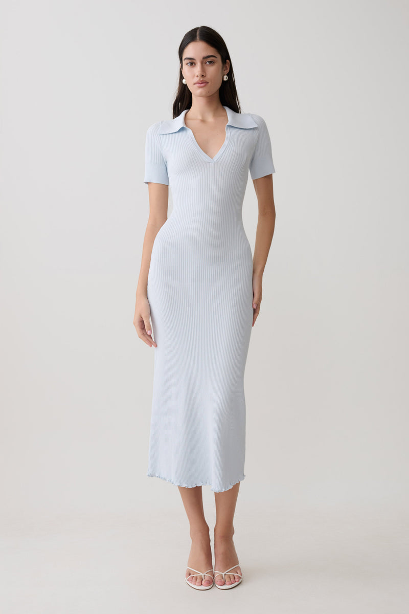 Vestido Midi de Punto Cuello y Manga Corta Nichelle - Azul Claro