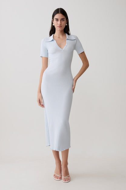 Vestido Midi de Punto Cuello y Manga Corta Nichelle - Azul Claro