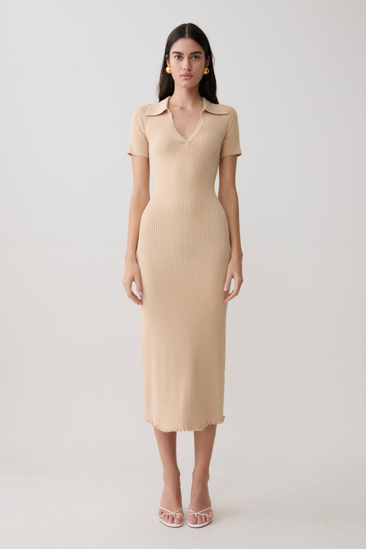 Vestido Midi de Punto Cuello y Manga Corta Nichelle - Natural