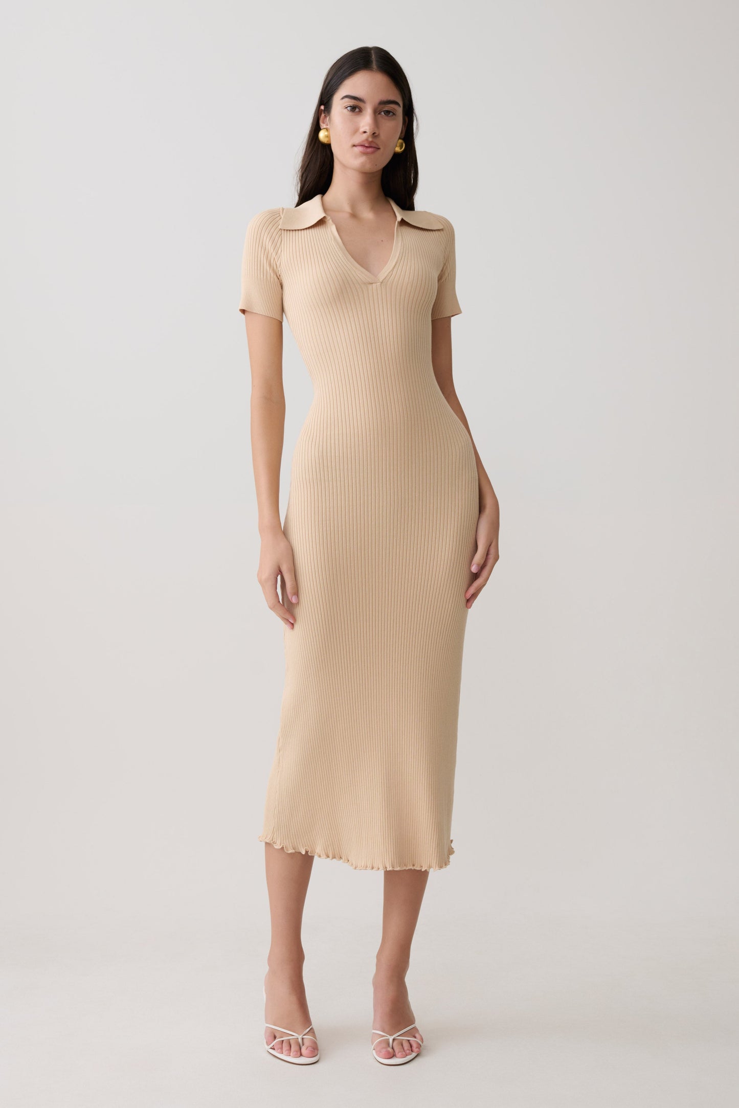 Vestido Midi de Punto Cuello y Manga Corta Nichelle - Natural