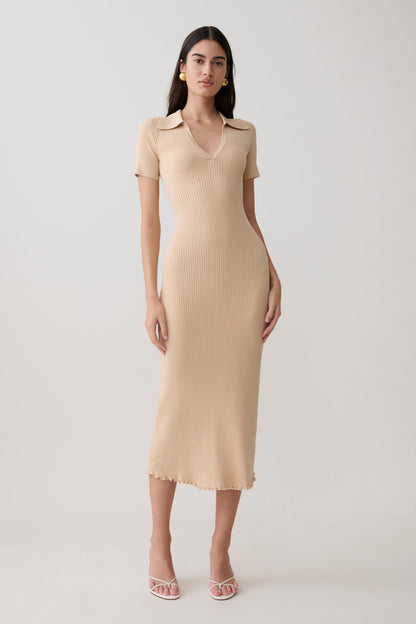 Vestido Midi de Punto Cuello y Manga Corta Nichelle - Natural