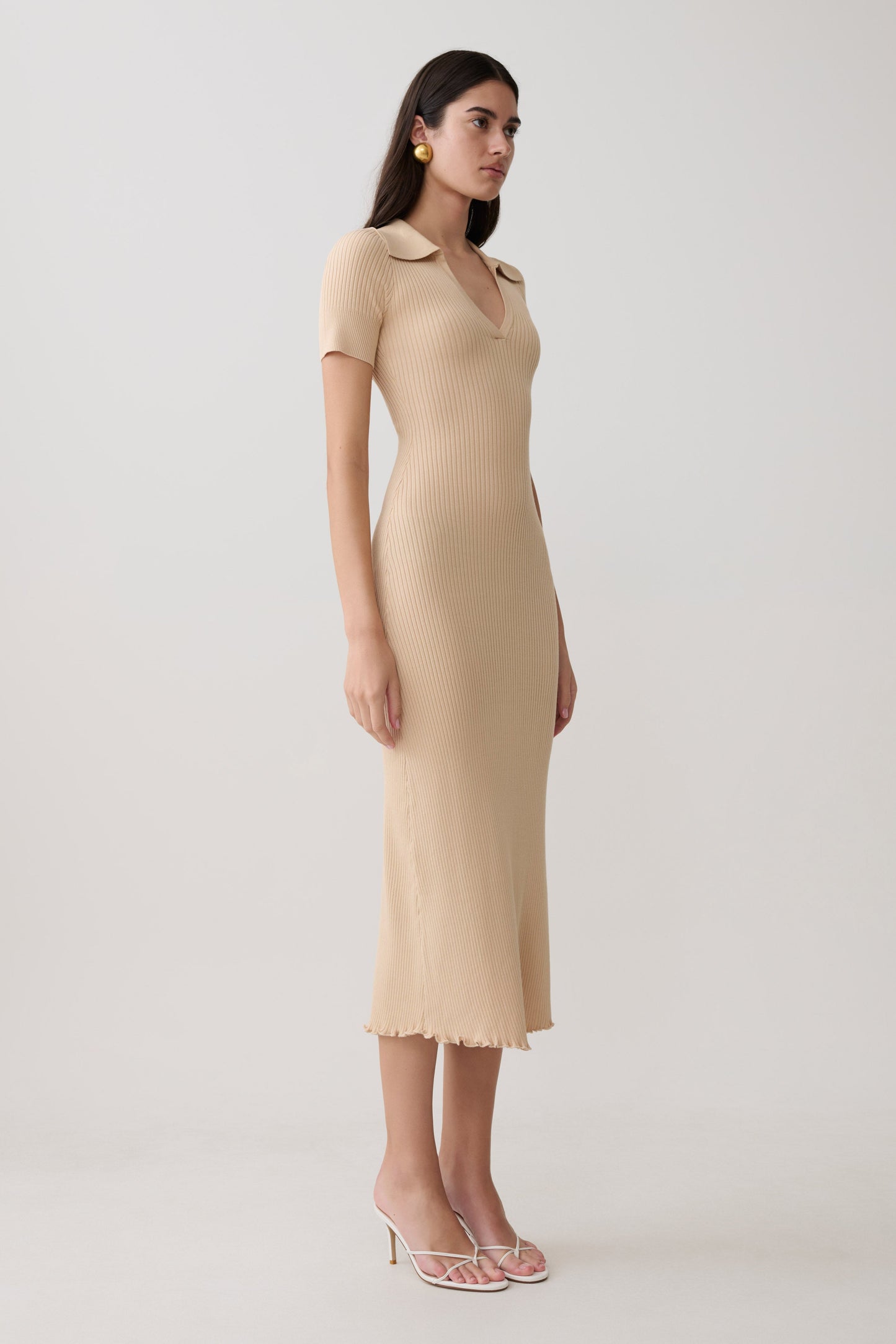 Vestido Midi de Punto Cuello y Manga Corta Nichelle - Natural
