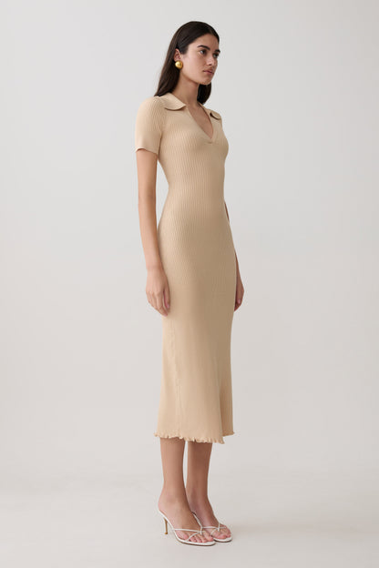 Vestido Midi de Punto Cuello y Manga Corta Nichelle - Natural