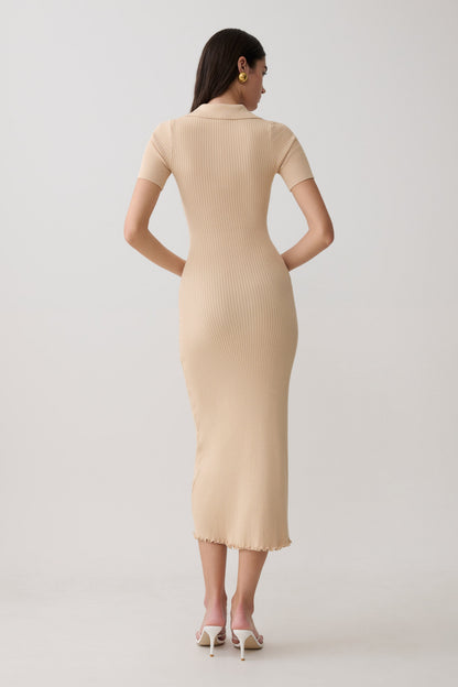 Vestido Midi de Punto Cuello y Manga Corta Nichelle - Natural