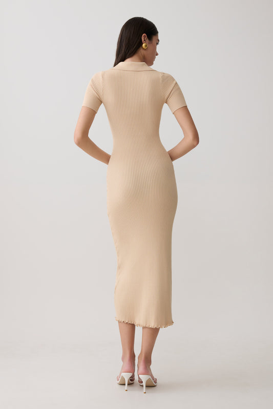 Vestido Midi de Punto Cuello y Manga Corta Nichelle - Natural