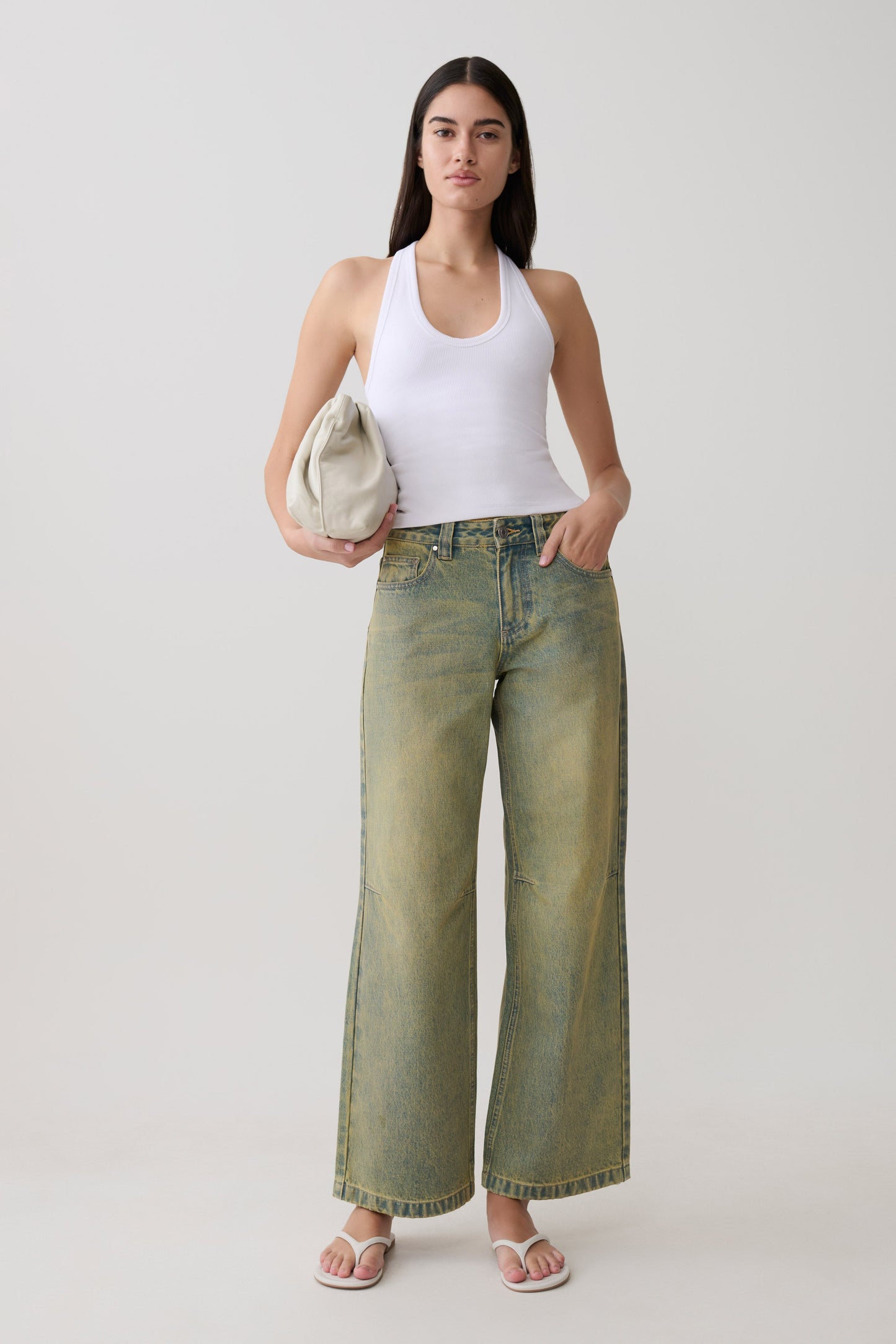 Jeans de Pierna Ancha Talle Medio Joey - Verde Lavado