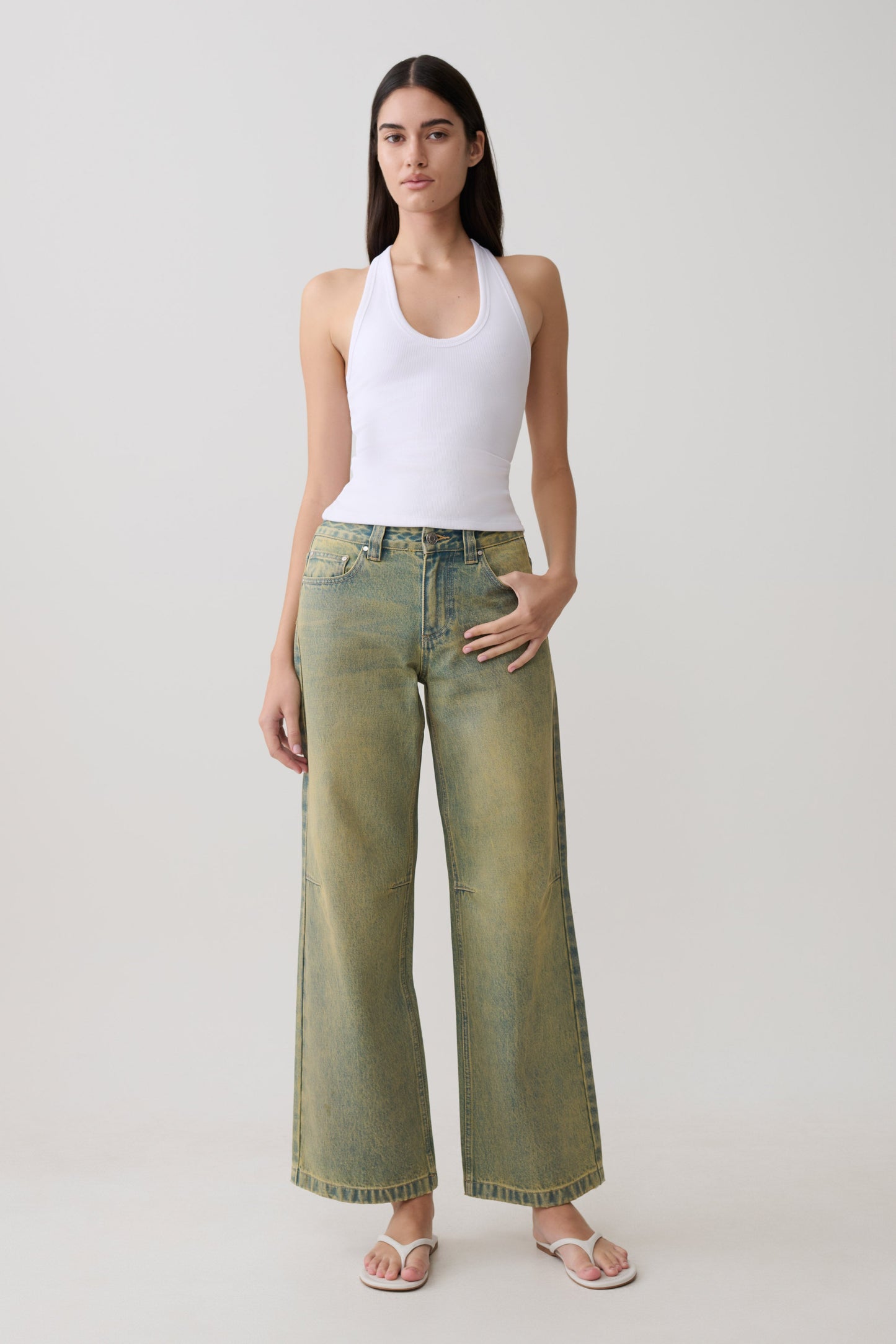 Jeans de Pierna Ancha Talle Medio Joey - Verde Lavado