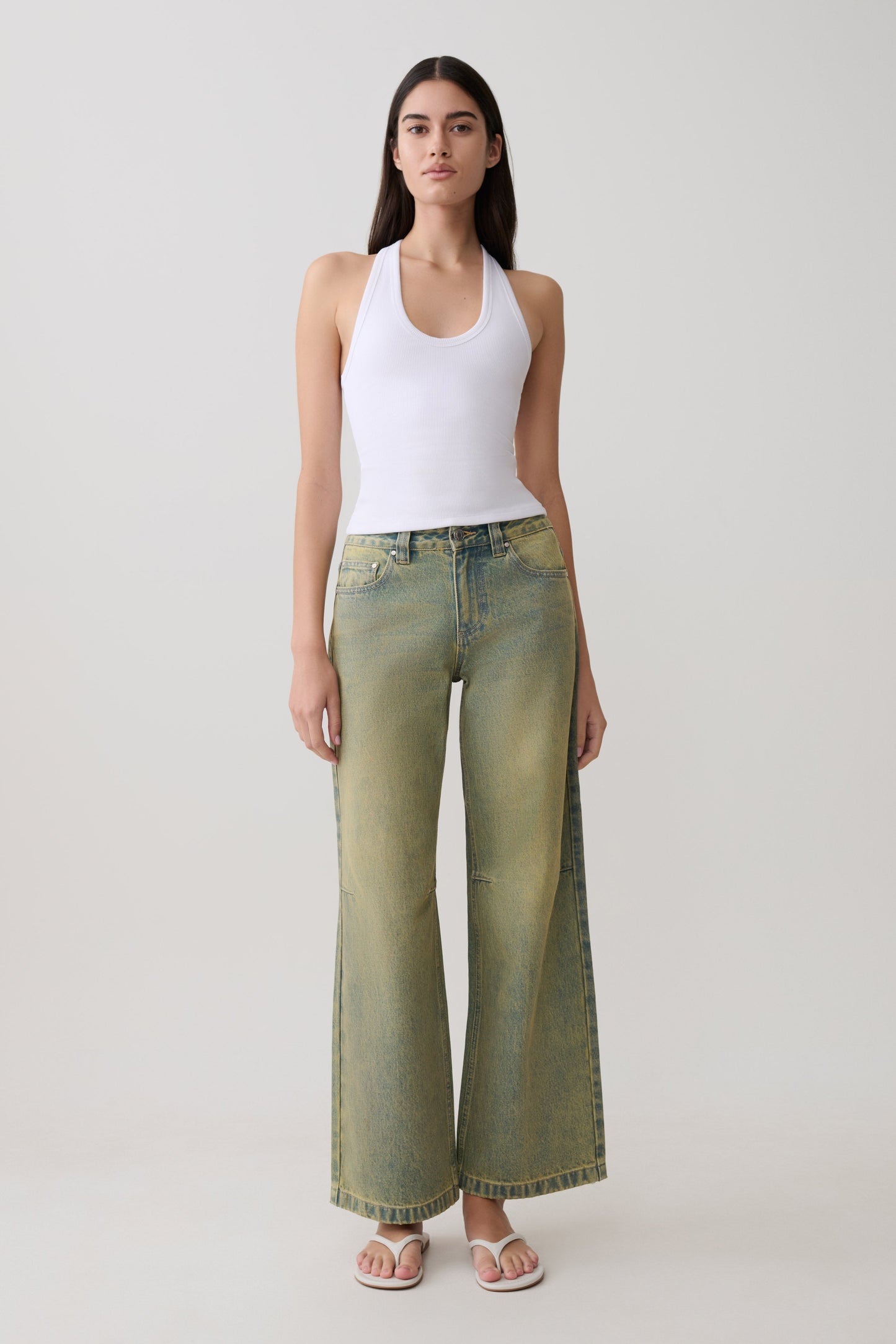 Jeans de Pierna Ancha Talle Medio Joey - Verde Lavado
