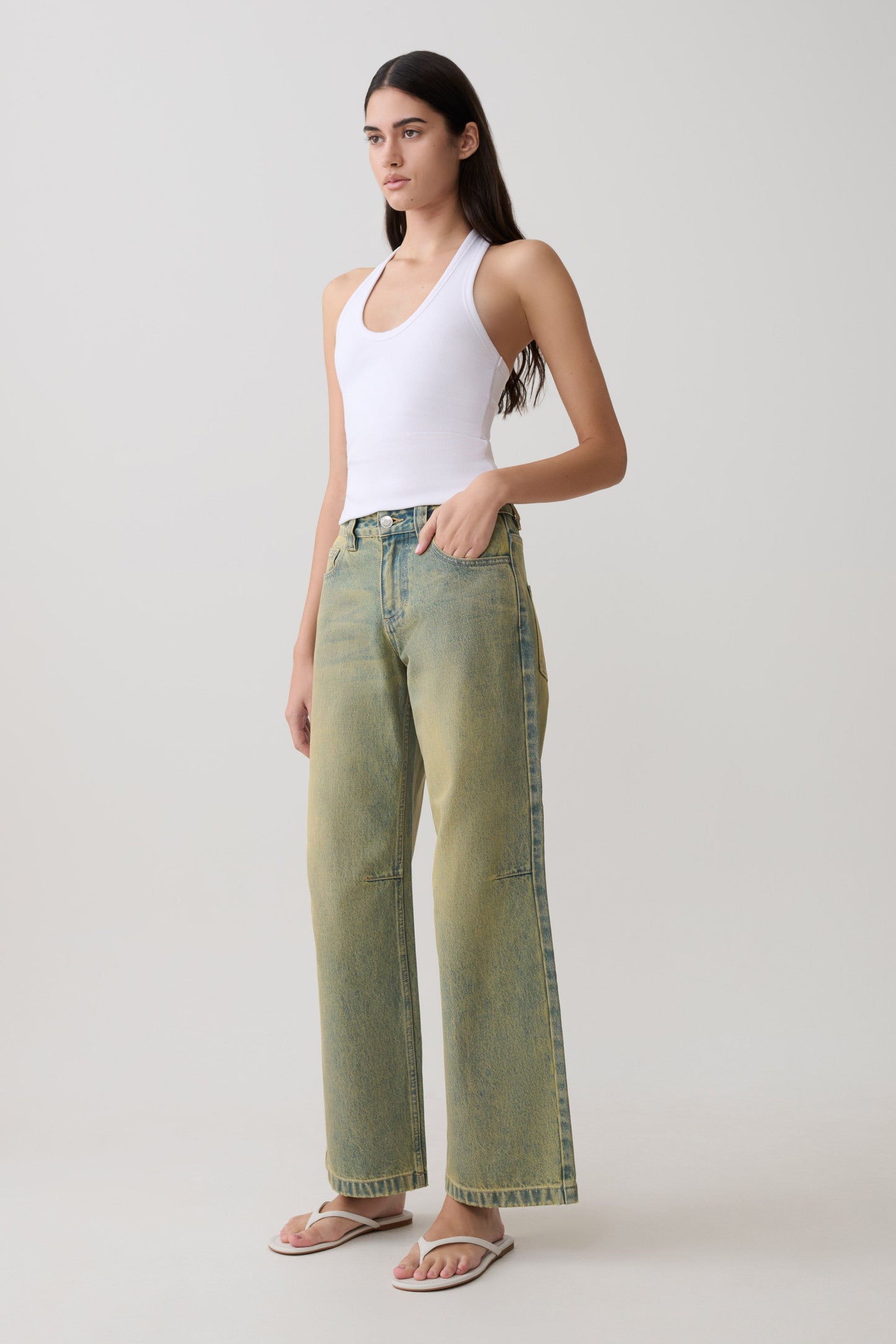 Jeans de Pierna Ancha Talle Medio Joey - Verde Lavado