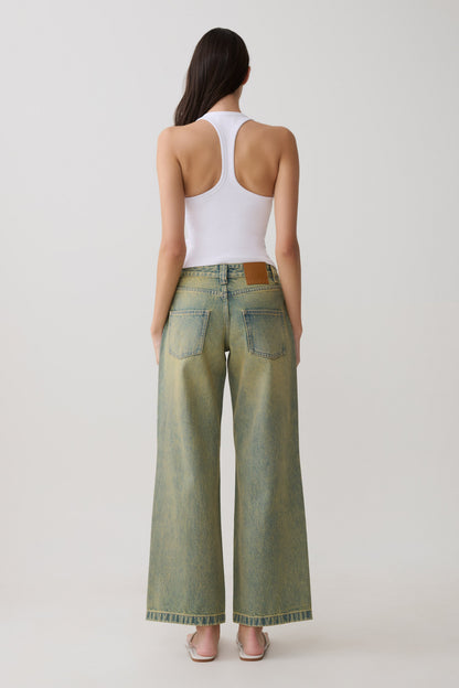 Jeans de Pierna Ancha Talle Medio Joey - Verde Lavado
