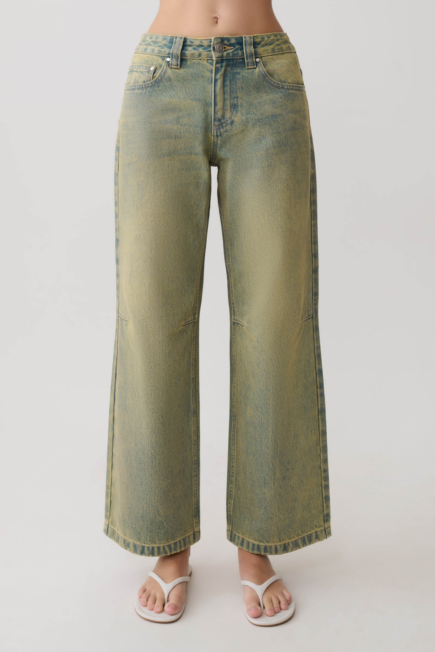 Jeans de Pierna Ancha Talle Medio Joey - Verde Lavado