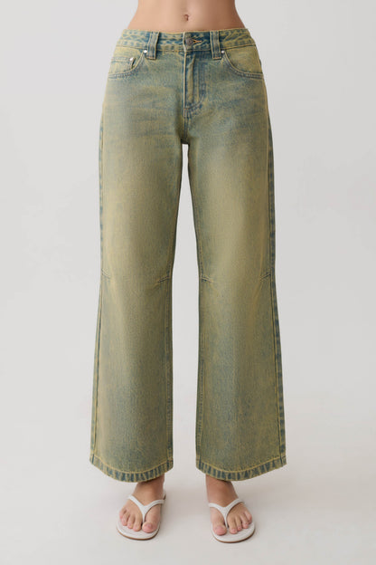 Jeans de Pierna Ancha Talle Medio Joey - Verde Lavado