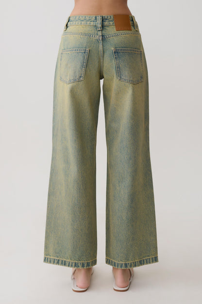Jeans de Pierna Ancha Talle Medio Joey - Verde Lavado