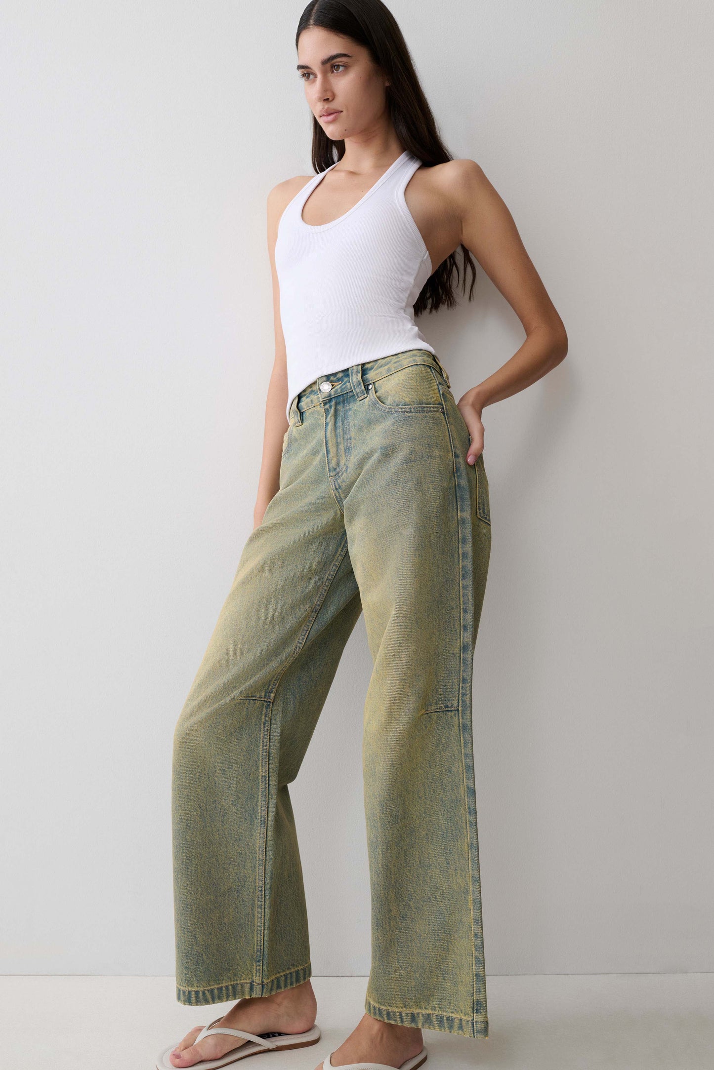 Jeans de Pierna Ancha Talle Medio Joey - Verde Lavado