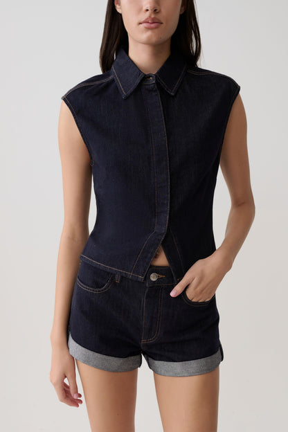 Shorts de Denim Dobladillo Enrollado Krissy - Índigo Azul Lavado