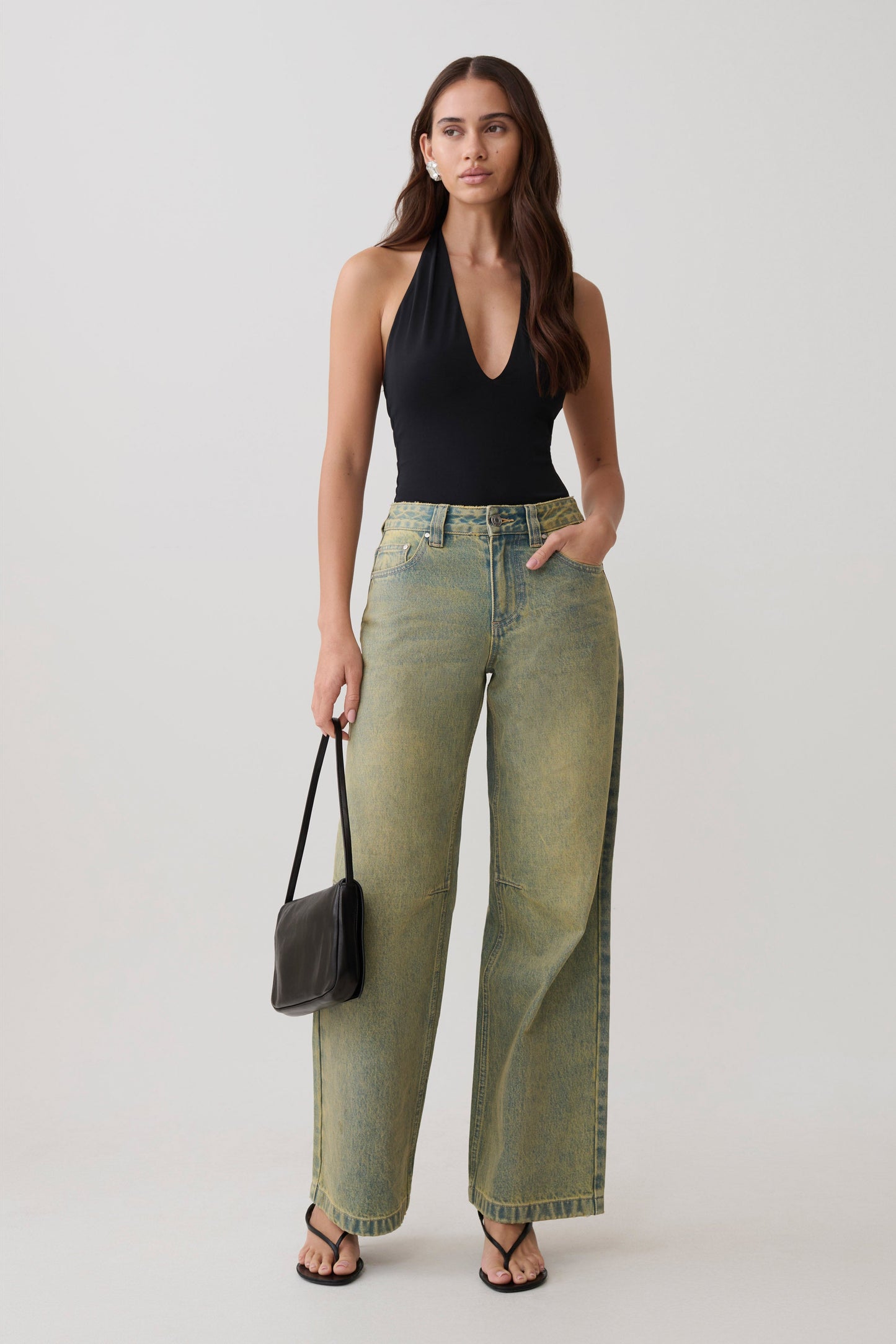 Jeans de Pierna Ancha Talle Medio Joey - Verde Lavado