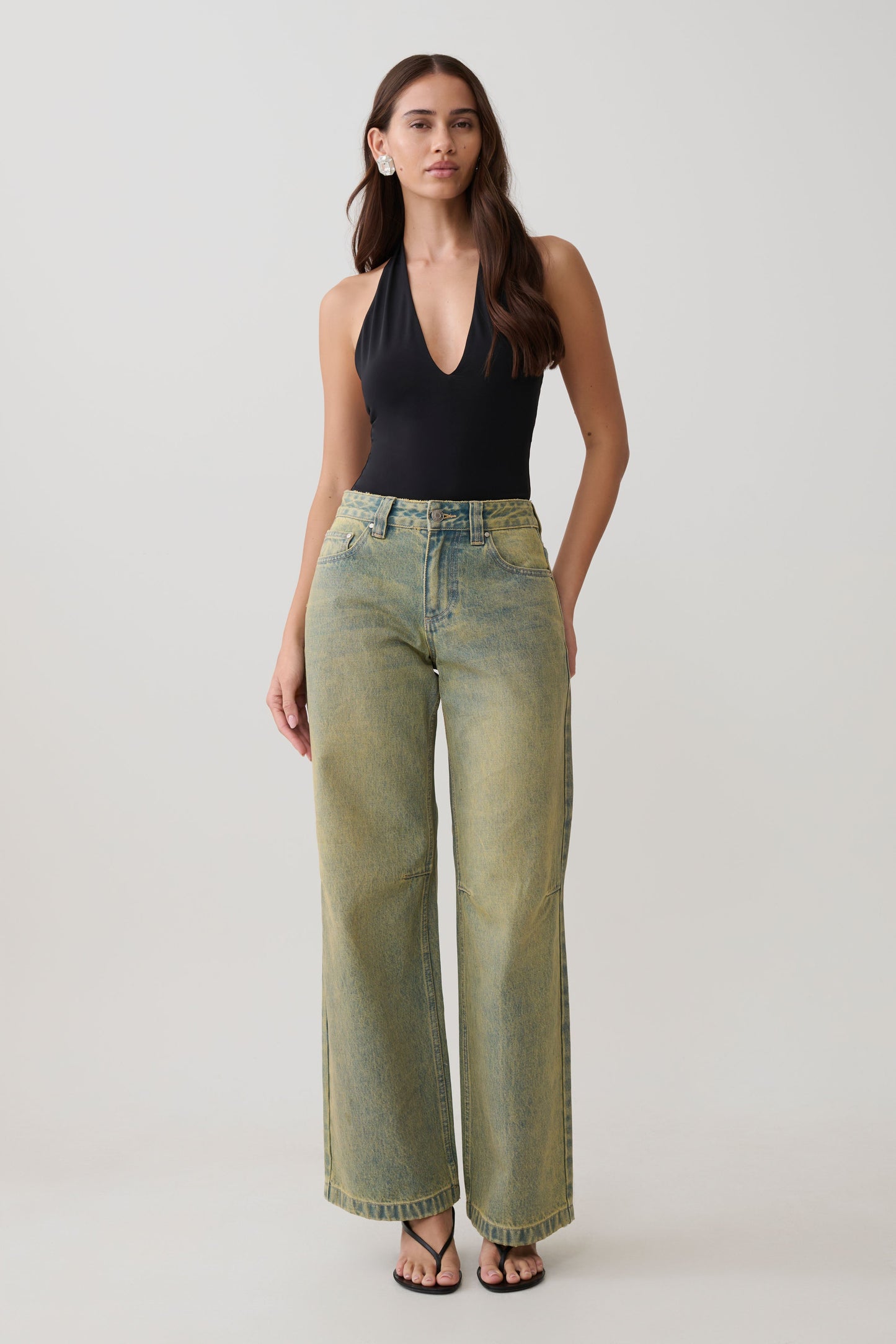 Jeans de Pierna Ancha Talle Medio Joey - Verde Lavado