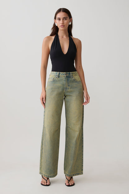 Jeans de Pierna Ancha Talle Medio Joey - Verde Lavado