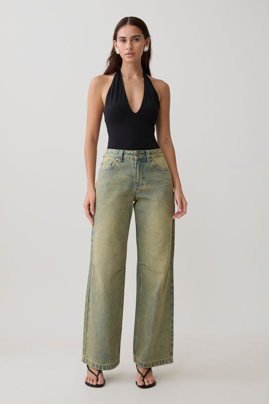 Jeans de Pierna Ancha Talle Medio Joey - Verde Lavado