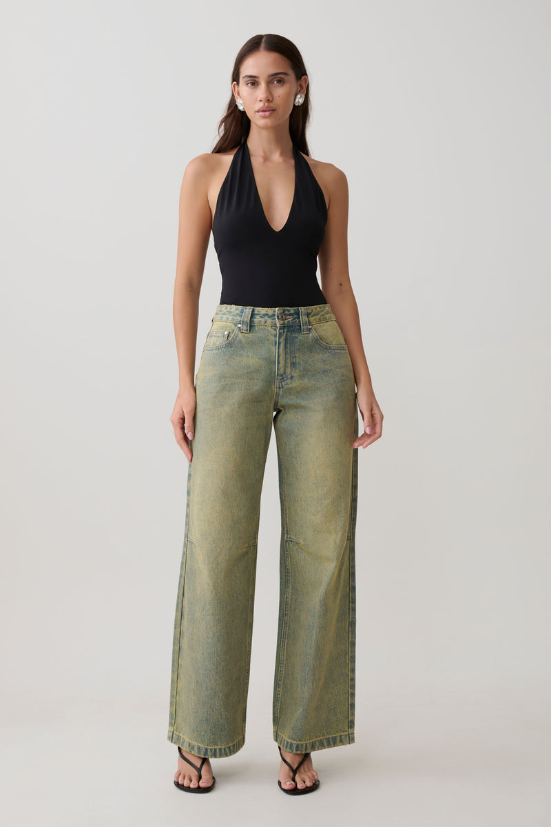 Jeans de Pierna Ancha Talle Medio Joey - Verde Lavado